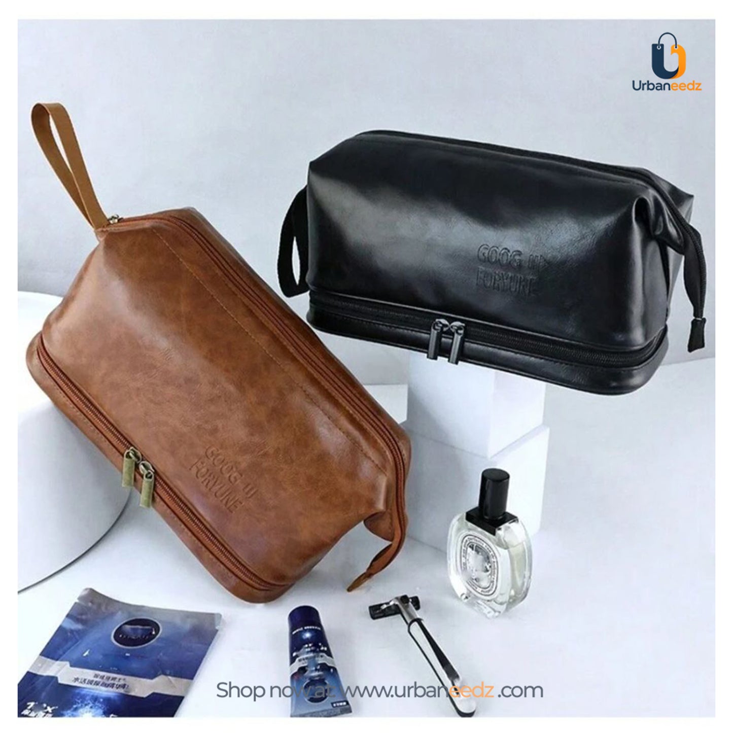 Waterproof PU Leather Double-Zipper Toiletry Bag